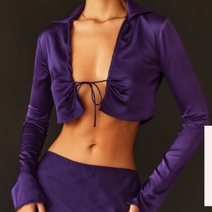 House of CB LAVENDER GRAPE SATIN CROPPED TIE FRONT TOP Small NWT